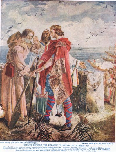 Egfrith tarjoaa Hexhamin piispakunnan Cuthbertille, 678, kuvitus teoksesta "Hutchinson