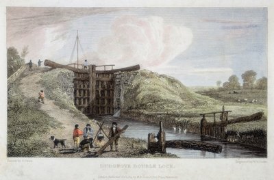 Dudgroven kaksoislukko Lechladen, Thamesin ja Severnin kanavan yläpuolella, 1814 tekijältä William Bernard Cooke