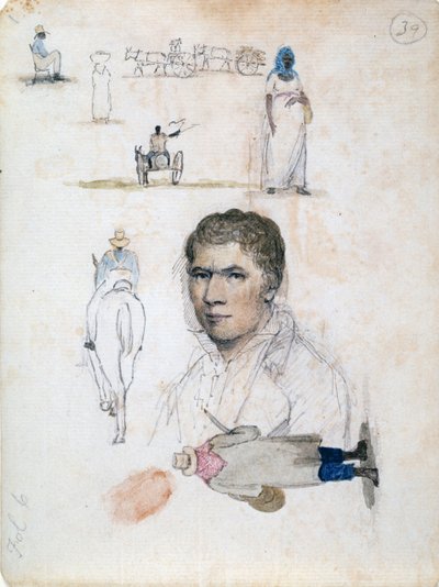 Kahdeksan pientä piirustusta, mukaan lukien muotokuva, hahmotutkimukset, kärryt, taiteilija William Berryman. tekijältä William Berryman