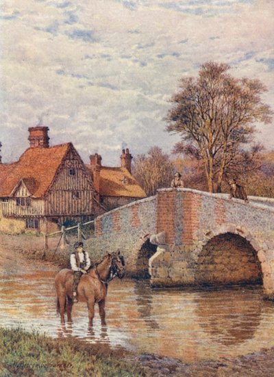 Eynsfordin silta Darent-joen varrella (värilitografia). tekijältä William Biscombe Gardner