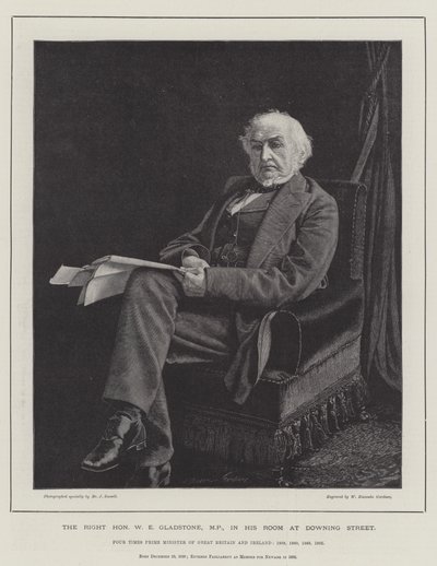 Oikea arvoisa W E Gladstone, kansanedustaja, huoneessaan Downing Streetillä tekijältä William Biscombe Gardner