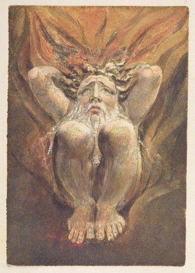"Alastoma mies kyyristyi liekeissä, kädet päänsä takana", levy 21 julkaisusta "The First Book of Urizen" tekijältä William Blake
