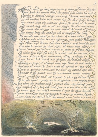 Amerikka. A Prophecy, Plate 11, Sound! Ääni! Äänekkäät sotatrumpettini.... tekijältä William Blake