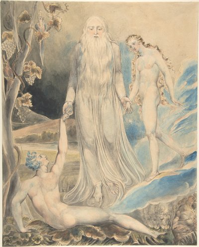 Jumalan läsnäolon enkeli tuo Eevan Aadamin luo (Eevan luominen: "Ja häntä kutsuttakoon naiseksi") (etupuoli); luonnos samasta aiheesta (kääntöpuoli) tekijältä William Blake