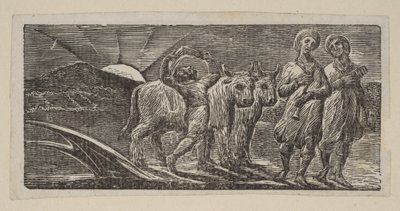 Poika palaa iloisena, aura ja härkä, Thorntons Pastorals of Vergilistä, 1821. tekijältä William Blake
