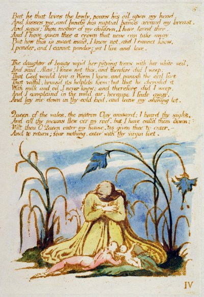 "Mutta se, joka rakastaa matalaa...", levy 7 The Book of Thel -kirjasta, 1789 (käsinvärinen kohokuvio etsauksella kynällä ja wc:llä paperille) tekijältä William Blake