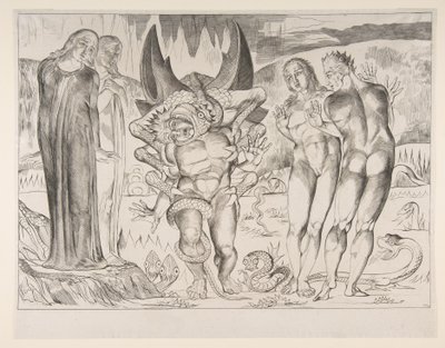 Varkaiden ympyrä: Agnello Brunelleschi, johon kuusijalkainen käärme hyökkäsi, Dan..., n. 1825-27. tekijältä William Blake