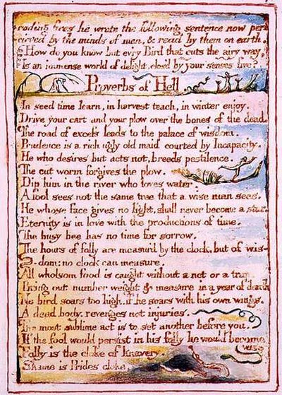 "Syövyttävien tulipalojen hän kirjoitti seuraavan...", teksti "Taivaan ja helvetin avioliitto", n. 1790-3 (reliefietsaus viimeistelty kynällä ja akvarellilla) tekijältä William Blake