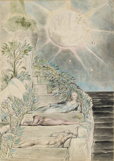 Dante ja Statius nukkumassa, Vergilius katsomassa kuvitusta "Jumalalliseen komediaan", Purgatorio XXVII, tekijältä William Blake