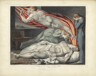 Vahvan pahan miehen kuolema, kuvitus Robert Blairin "Haudasta", kaiverrettu Louis Schiavonetti tekijältä William Blake