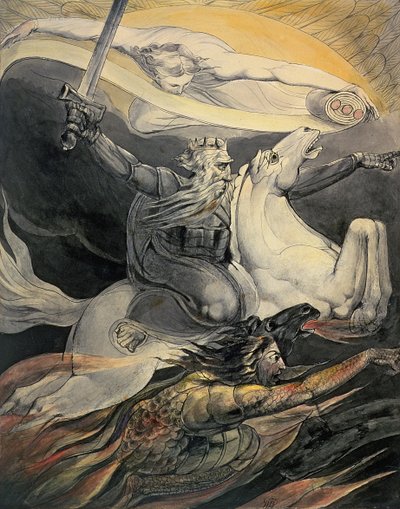 Kuolema vaalealla hevosella, n. 1800 (muste ja akvarelli) tekijältä William Blake