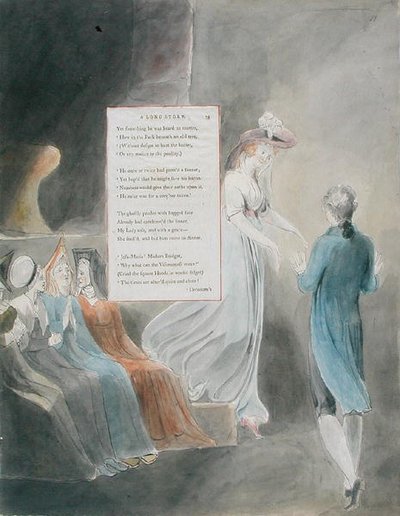 Suunnitelma 33 teokseen "A Long Story" teoksessa "The Poems of Thomas Gray", julkaistu 1797-98 (akvarelli, tussi ja tussi paperille). tekijältä William Blake