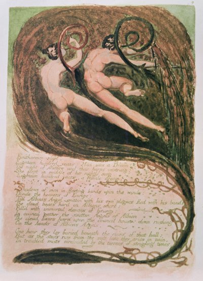 Eurooppa profetia; Entharmon nukkui, Mildews Blighting Ears of Corn, n. 1794 (reliefietsaus, wc) tekijältä William Blake