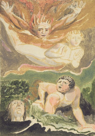Neljä alaston miestä nousemassa esiin elementeistään, levy 4 julkaisusta "The First Book of Urizen", 1794 (väripainettu kohokuvio musteella ja wc:llä) tekijältä William Blake