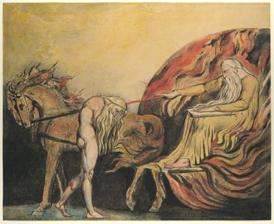 Jumala tuomitsee Aatamia, noin 1795 (värillinen etsaus, jossa on kynä, tussi ja akvarelli). tekijältä William Blake