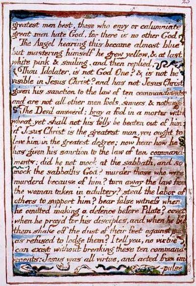 "Parhaat miehet, ne, jotka kadehtivat...", teksti "Taivaan ja helvetin avioliitosta", n. 1790-3 (reliefietsaus viimeistelty kynällä ja akvarellilla) tekijältä William Blake