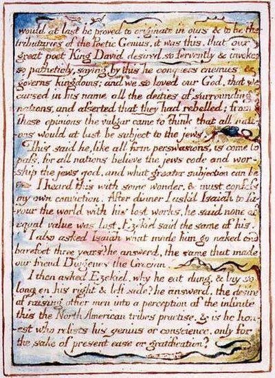 "Olisin vihdoinkin peräisin...", teksti ja kuvitus "Taivaan häistä", n. 1790-1793 (kynällä ja akvarellilla viimeistelty kohokuvio) tekijältä William Blake