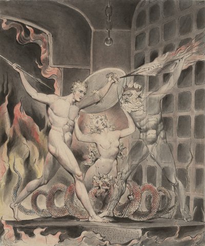 Kuva 2 Miltonin kirjaan "Kadonnut paratiisi": Saatana, synti ja kuolema: Saatana tulee helvetin porteille, 1807 tekijältä William Blake