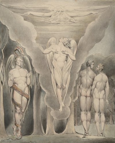 Kuva 4 Miltonin kirjaan "Kadonnut paratiisi": Saatana vakoilee Aadamia ja Eevaa ja Rafaelin laskeutuminen paratiisiin, 1807 tekijältä William Blake