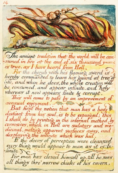 Kuvitus teoksesta "Taivaan ja helvetin avioliitto", noin 1808 (käsin väritetty etsaus). tekijältä William Blake