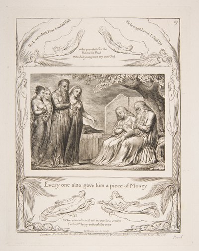 Job vastaanottaa hyväntekeväisyyttä, kuvituksista Jobin kirjasta, 1825-26. tekijältä William Blake