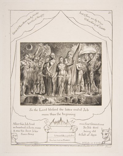 Job ja hänen vaimonsa palautettiin vaurauteen, Jobin kirjan kuvituksista, 1825-26. tekijältä William Blake