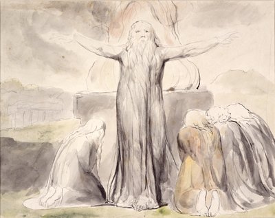 Jobin uhri: Ja palvelijani Job rukoilee puolestasi (kynä ja muste vesivärillä paperille) tekijältä William Blake