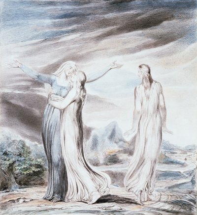 Noomi rukoilee Ruutia ja Orpaa palaamaan Moabin maahan tekijältä William Blake