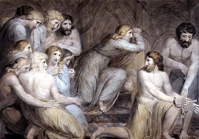 No.0456b Joosef käskee Simeonin sidottavaksi, Joosefin tarinan levy 2, n. 1785 (kynä ja muste ja akvarelli lyijykynällä paperille) tekijältä William Blake