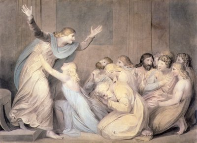 Nro 0456c Joseph tekee itsensä tunnetuksi veljilleen, Joosefin tarinan levy 3, n. 1785 (kynä, akvarelli, kynä ja muste paperille) tekijältä William Blake