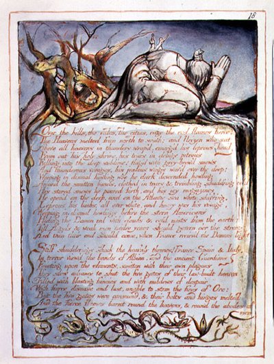"Over the Hills", levy 16 teoksesta "Amerikka, profetia". tekijältä William Blake