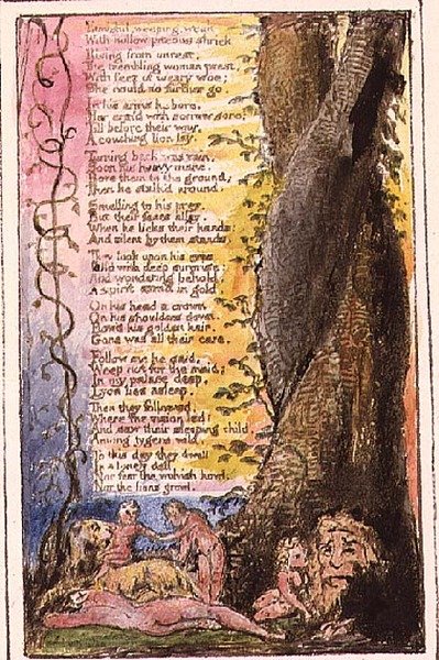 P.124-1950.pt37 Pieni tyttö löydetty (jatkoa): levy 37 julkaisusta Songs of Innocence and Experience (kopio R) n. 1802-08 (etsaus, tussi ja akvarelli) tekijältä William Blake