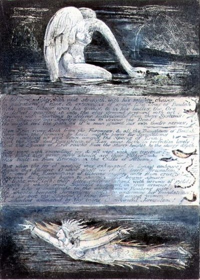 Lautanen II, Jerusalem, noin 1804-20. Albionin tyttäriä esittävät joutsenen ja kalan kaltaiset olennot. tekijältä William Blake