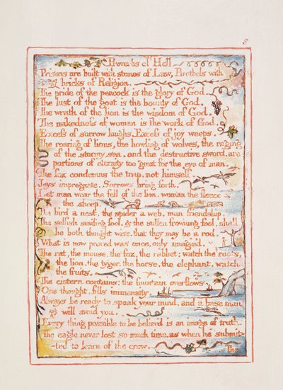 Helvetin sananlasku, teksti "Taivaan ja helvetin avioliitosta", n. 1790-3 (reliefietsaus viimeistelty kynään ja wc:hen) tekijältä William Blake