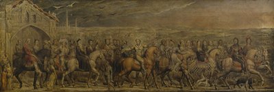Sir Jeffrey Chaucer (n. 1342-1400) ja yhdeksän kaksikymmentä pyhiinvaeltajaa matkallaan Canterburyyn (tempera kankaalle) tekijältä William Blake