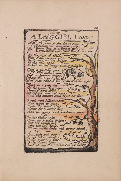 Songs of Innocence and of Experience, levy 52, pieni tyttö kadonnut (Bentley 51) tekijältä William Blake