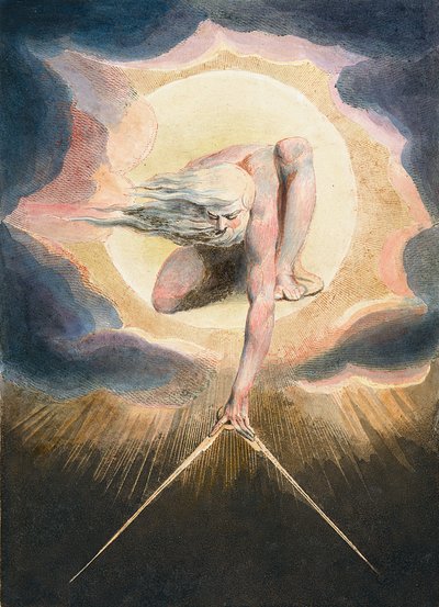 Päivien muinainen - Urizen mittaa aineellista maailmaa - Urizen mittaa aineellista maailmaa. Kuva kirjan "Eurooppa" etulevystä. Profetiaan." William Blaken (1757-1827) piirustus tekijältä William Blake