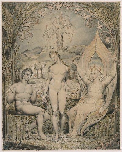 Arkkienkeli Rafael Aatamin ja Eevan kanssa (kuvitus Miltonin Kadotettu paratiisi -teokseen). tekijältä William Blake