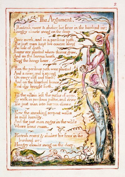 Argumentti, kuvitus ja teksti teoksesta "Taivaan ja helvetin avioliitto", n. 1790-3 (reliefietsaus viimeistelty kynällä ja wc:llä) tekijältä William Blake