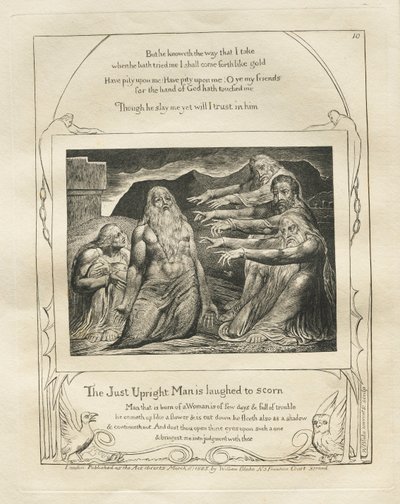 Jobin kirja: Pl. 10, Just Upright Mana nauretaan pilkatuksi, 1825. tekijältä William Blake