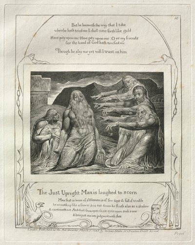 Jobin kirja: Pl. 10, Just Upright Mana nauretaan ivallisesti tekijältä William Blake