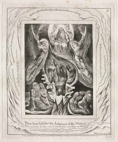 Jobin kirja: Pl. 16, Sinä olet täyttänyt jumalattomien tuomion, 1825. tekijältä William Blake