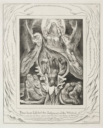 Jobin kirja: Pl. 16, Sinä täytät jumalattomien tuomion, 1825. tekijältä William Blake