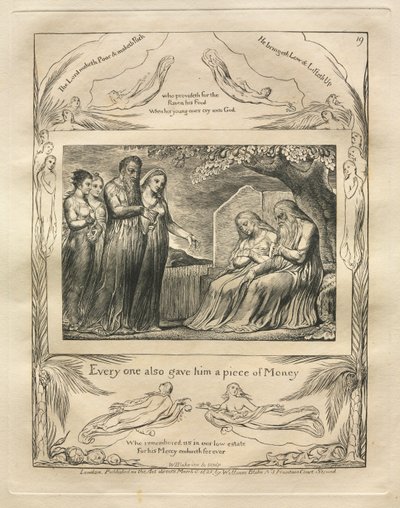 Jobin kirja: Pl. 19, Jokainen antoi hänelle myös palan rahaa, 1825. tekijältä William Blake