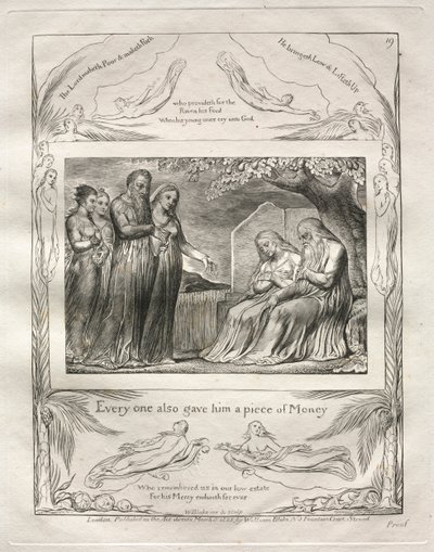 Jobin kirja: Pl. 19, Jokainen antoi hänelle myös palan rahaa, 1825. tekijältä William Blake