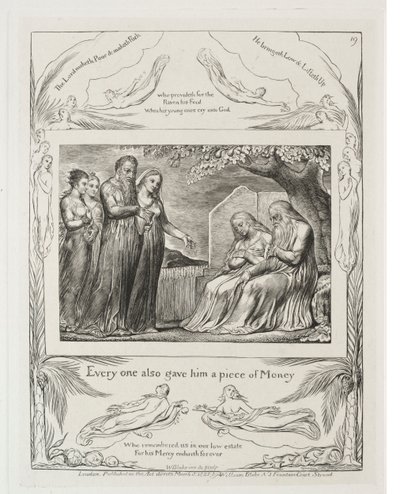 Jobin kirja: Pl. 19, Jokainen antoi hänelle myös palan rahaa, 1825. tekijältä William Blake