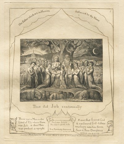 Jobin kirja: Pl. 1, Näin Job teki jatkuvasti, 1825. tekijältä William Blake