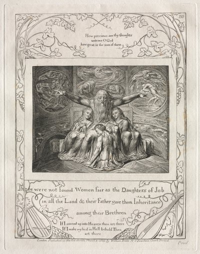 Jobin kirja: Pl. 20. Koko maasta ei löytynyt kauniita naisia kuin Jobin tyttäret tekijältä William Blake