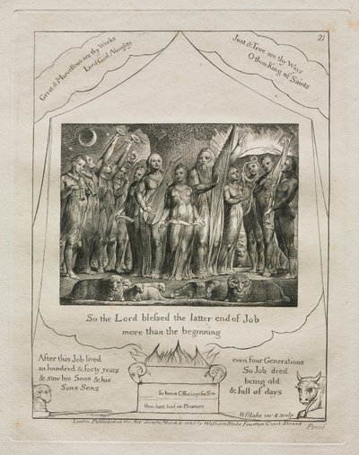 Jobin kirja: Pl. 21, Joten Herra siunasi Jobin jälkimmäistä päätä enemmän kuin vuotta 1825. tekijältä William Blake