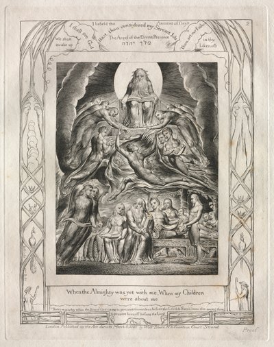 Jobin kirja: Pl. 2, Kun Kaikkivaltias oli vielä kanssani, Kun lapseni..., 1825. tekijältä William Blake